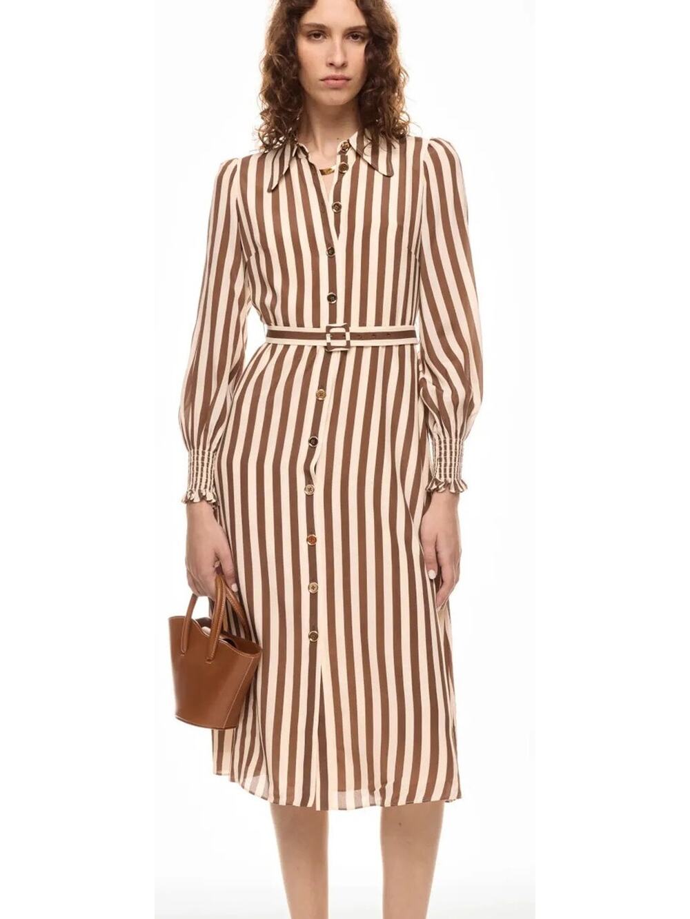 L.K. Bennett Emelia Shirt Dress Striped Long Sleeve Belted Midi Brown Cream 4